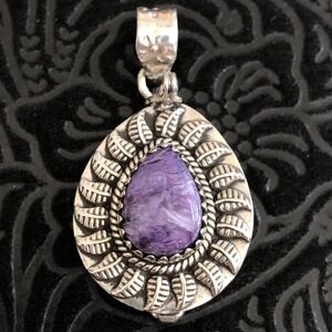 Sterling Silver Teardrop Purple Stone Feather Detail‎ Poison Pendant Stamped 925